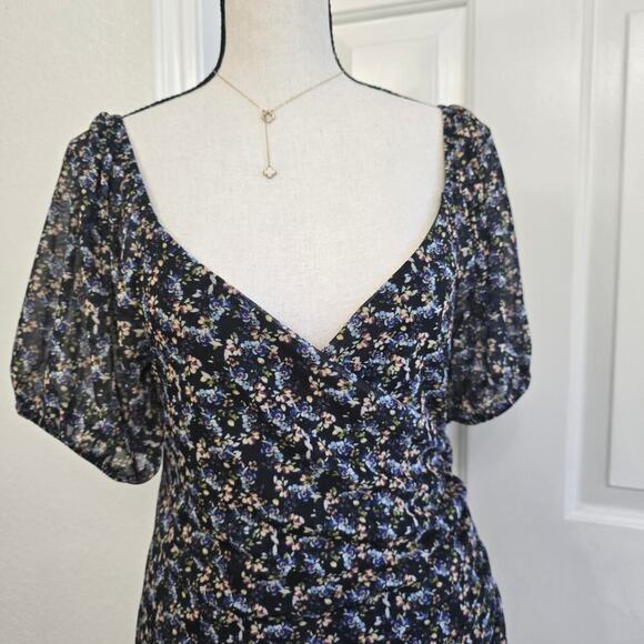 Free People Floral Ruched Puff Sleeve Mini Dress Black Blue Boho Romantic M - Picture 2 of 10